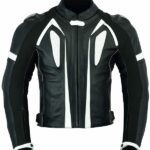 CHAQUETA DE CUERO CON PROTECTORES TPR TITANIO Y JOROBA AERODINÁMICA 166 N/BLANCO