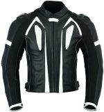 CHAQUETA DE CUERO CON PROTECTORES TPR TITANIO Y JOROBA AERODINÁMICA 166 N/BLANCO