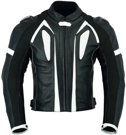 CHAQUETA DE CUERO CON PROTECTORES TPR TITANIO Y JOROBA AERODINÁMICA 166 N/BLANCO