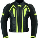 CHAQUETA DE CUERO CON PROTECTORES TPR TITANIO Y JOROBA AERODINÁMICA 166 N/FLUOR