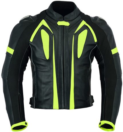 CHAQUETA DE CUERO CON PROTECTORES TPR TITANIO Y JOROBA AERODINÁMICA 166 N/FLUOR
