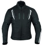 CHAQUETA DE MOTO  DERBI N/BLANCA UNISEX EN TEXTIL IMPERMEABLE TRANSPIRABLE, CON PROTECCIONES C.E.