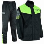 TRAJE DE LLUVIA MONSOON FLUOR NEGRO CHAQUETA Y PANTALON CHUBASQUERO IMPERMEABLE DE MOTO EN DOS PIEZAS