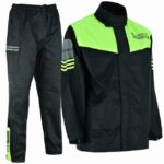 TRAJE DE LLUVIA MONSOON FLUOR NEGRO CHAQUETA Y PANTALON CHUBASQUERO IMPERMEABLE DE MOTO EN DOS PIEZAS
