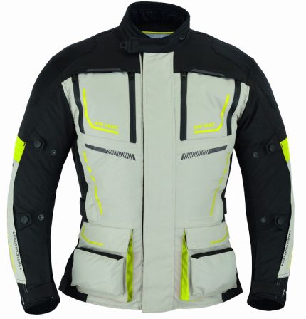 CHAQUETA DE MOTO TITAN PLATA NEGRA FLUOR 4SEASON EN CORDURA CUATRO ESTACIONES  TRICAPA TIPO 3/4  CON PROTECCIONES C.E., IMPERMEABLE, UNISEX