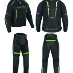 TRAJE DE MOTO  DOS PIEZAS, CHAQUETA Y PANTALÓN PERFORADO DE VERANO UNISEX, PROTECCIONES CE VULCANO/HEFESTO NEGRO/FLUOR