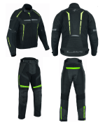 TRAJE DE MOTO  DOS PIEZAS, CHAQUETA Y PANTALÓN PERFORADO DE VERANO UNISEX, PROTECCIONES CE VULCANO/HEFESTO NEGRO/FLUOR