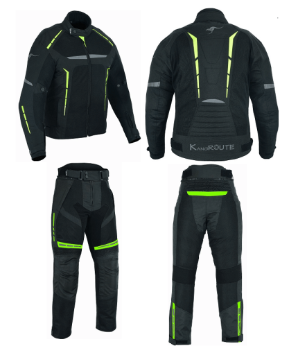 TRAJE DE MOTO  DOS PIEZAS, CHAQUETA Y PANTALÓN PERFORADO DE VERANO UNISEX, PROTECCIONES CE VULCANO/HEFESTO NEGRO/FLUOR
