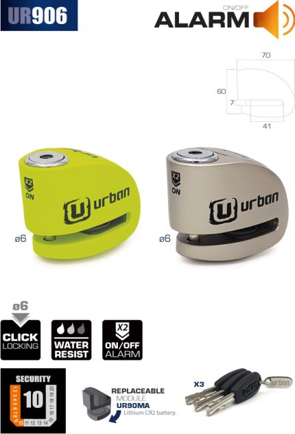 ALARMA UR906 URBAN CANDADO ANTIRROBO DISCO CON ALARMA+WARNING