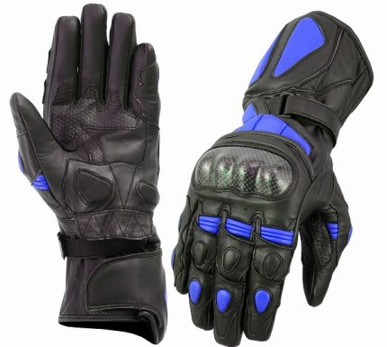 GUANTES DE PIEL  K2 NEGRO AZUL CON PROTECCIONES DE FIBRA DE CARBONO PARA MOTORACING