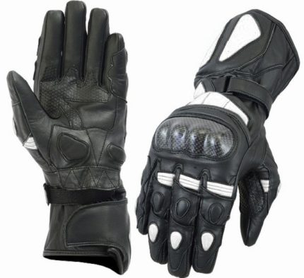 GUANTES DE PIEL  K2 NEGRO BLANCO CON PROTECCIONES DE FIBRA DE CARBONO PARA MOTORACING