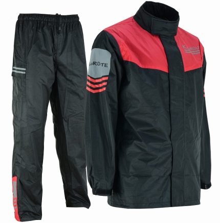 TRAJE DE LLUVIA MONSOON ROJO NEGRO CHAQUETA Y PANTALON CHUBASQUERO IMPERMEABLE DE MOTO EN DOS PIEZAS