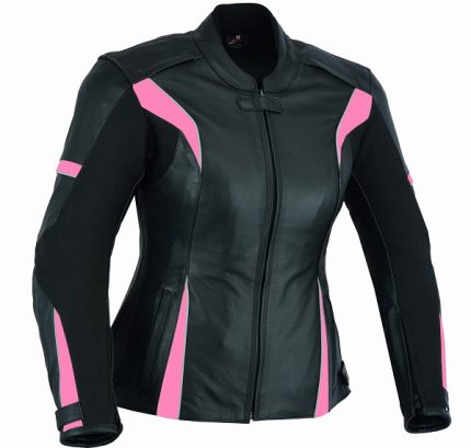CHAQUETA DE MOTO EN CUERO PARA CHICAS CON PROTECTORES C.E AFRODITA FUCSIA ROSA/NEGRA