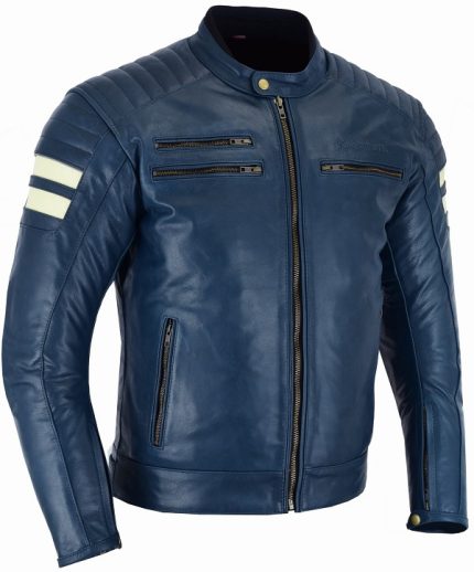 CHAQUETA DE MOTO EN CUERO ESTILO VINTAGE M CON FORRO Y PROTECCIONES CE HADES AZUL MARINO NEW