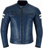 CHAQUETA DE MOTO EN CUERO ESTILO VINTAGE M CON FORRO Y PROTECCIONES CE HADES AZUL MARINO NEW - Imagen 2
