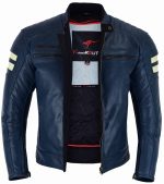 CHAQUETA DE MOTO EN CUERO ESTILO VINTAGE M CON FORRO Y PROTECCIONES CE HADES AZUL MARINO NEW - Imagen 4