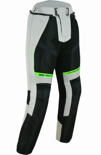 PANTALON DE MOTO PERFORADO DE VERANO UNISEX, PROTECCIONES CE HEFESTO PLATA BLANCO FLUOR