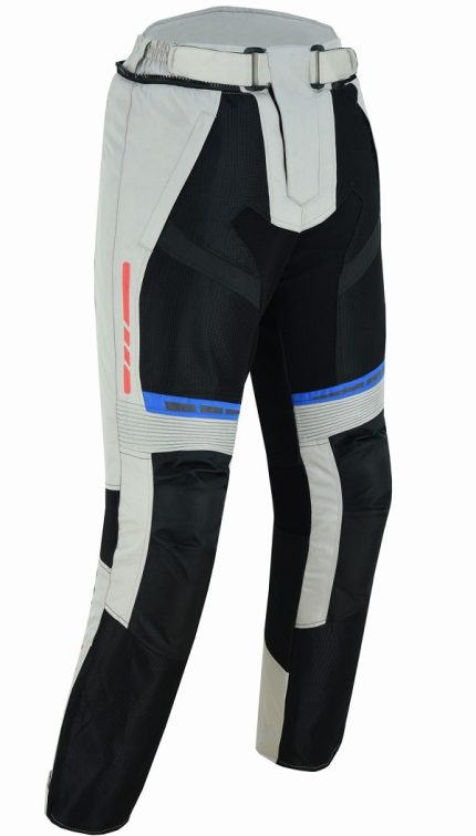 PANTALON DE MOTO PERFORADO DE VERANO UNISEX, PROTECCIONES CE HEFESTO PLATA BLANCO ROJO AZUL