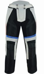 PANTALON DE MOTO PERFORADO DE VERANO UNISEX, PROTECCIONES CE HEFESTO PLATA BLANCO ROJO AZUL - Imagen 2