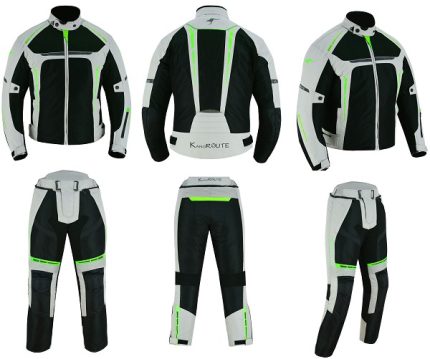 TRAJE DE MOTO  DOS PIEZAS, CHAQUETA Y PANTALÓN PERFORADO DE VERANO UNISEX, PROTECCIONES CE VULCANO Y HEFESTO PLATA FLUOR