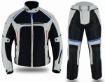 TRAJE DE MOTO  DOS PIEZAS, CHAQUETA Y PANTALÓN PERFORADO DE VERANO UNISEX, PROTECCIONES CE VULCANO Y HEFESTO PLATA ROJO AZUL - Imagen 2