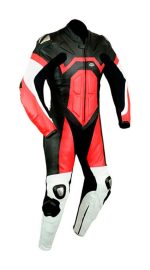 MONO DE CUERO PARA MOTORISTAS UNA PIEZA, CON PROTECTORES DE TITANIO 2140 NEGRO ROJO BLANCO