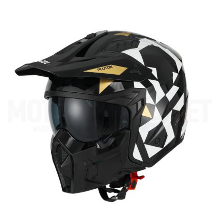 CASCO JET TIPO TRIAL UNIK PLUTON MASK DV CON GAFA DE SOLAR Y MASCARA NEGRO/BLANCO/ORO ECE 22.06