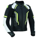 CHAQUETA DE CUERO CON PROTECTORES TPR TITANIO Y JOROBA  JF17 C NEGRA BLANCA AMARILLO FLUOR