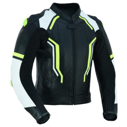 CHAQUETA DE CUERO CON PROTECTORES TPR TITANIO Y JOROBA  JF17 C NEGRA BLANCA AMARILLO FLUOR