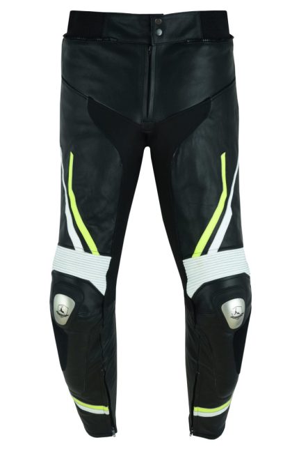 PANTALON DE CUERO PARA MOTORISTA CON PROTECCIONES DE TITANIO JF17 P NEGRO BLANCO AMARILLO FLUOR