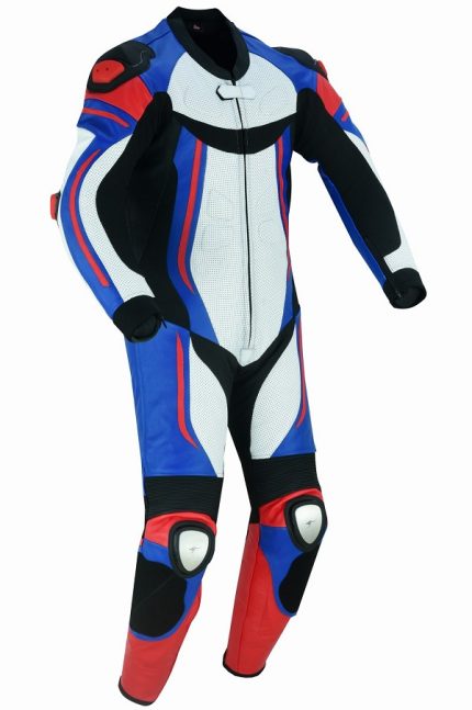MONO DE CUERO PARA MOTORISTAS UNA PIEZA, CON PROTECTORES DE TITANIO THUNDERGP AZUL ROJO NEGRO