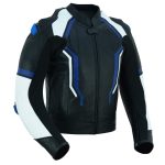 CHAQUETA DE CUERO CON PROTECTORES TPR TITANIO Y JOROBA/ JF 17 C AZUL BLANCA NEGRA