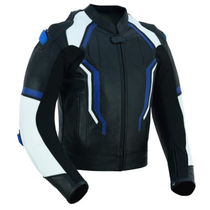 CHAQUETA DE CUERO CON PROTECTORES TPR TITANIO Y JOROBA/ JF 17 C AZUL BLANCA NEGRA