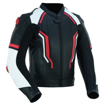 CHAQUETA DE CUERO CON PROTECTORES TPR TITANIO Y JOROBA/ JF 17 C ROJA BLANCA NEGRA