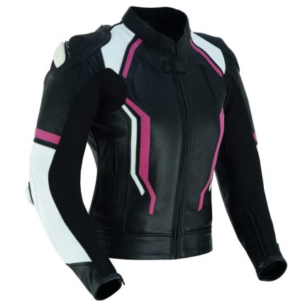 CHAQUETA DE MOTO EN CUERO PARA CHICAS  CON PROTECCIONES DE TITANIO/ JF 17 C ROSA BLANCA NEGRA