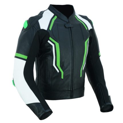 CHAQUETA DE CUERO CON PROTECTORES TPR TITANIO Y JOROBA/ JF 17 C VERDE NEGRA