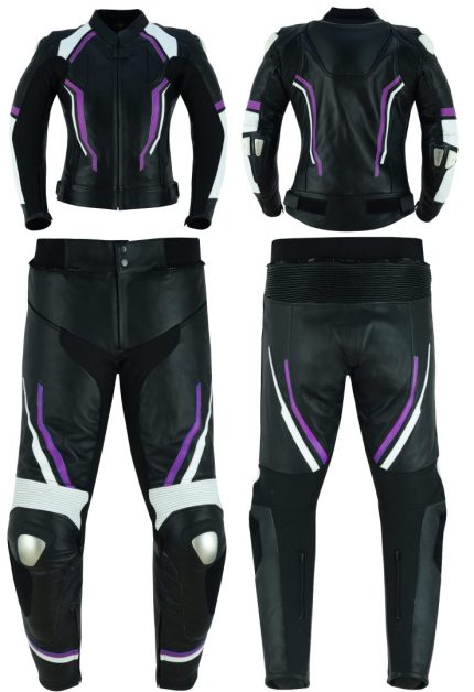 MONO DE CUERO DE DOS PIEZAS CON PROTECCIONES DE TITANIO PARA CHICAS JF 17 LILA MORADO BLANCA NEGRA