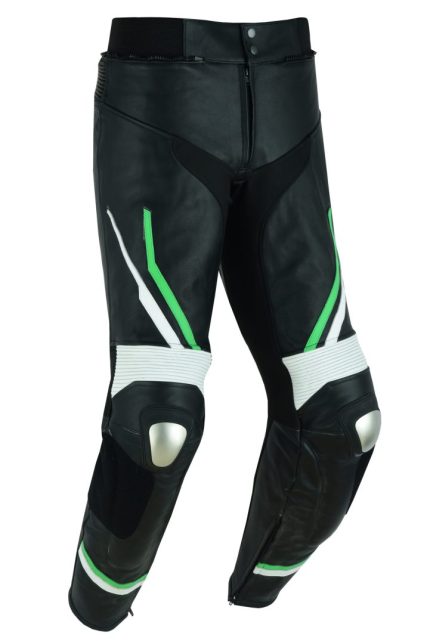 PANTALON DE CUERO PARA MOTORISTA CON PROTECCIONES DE TITANIO JF 17 P -VERDE