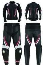 MONO DE CUERO DE DOS PIEZAS CON PROTECCIONES DE TITANIO PARA CHICAS JF 17 ROSA BLANCA NEGRA