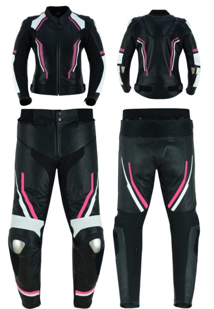 MONO DE CUERO DE DOS PIEZAS CON PROTECCIONES DE TITANIO PARA CHICAS JF 17 ROSA BLANCA NEGRA