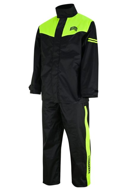 TRAJE DE LLUVIA MONSOON FLUOR NEGRO CHAQUETA Y PANTALON CHUBASQUERO IMPERMEABLE DE MOTO EN DOS PIEZAS ESTILO